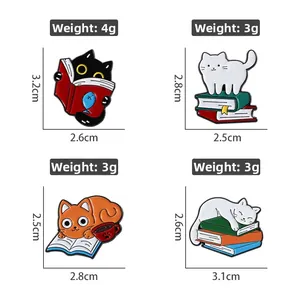 Detailed size and weight chart for four funny cartoon cat reading enamel lapel pins