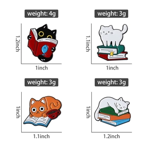 Detailed size and weight specs for four unique cartoon cat reading enamel pins