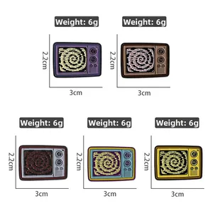 Detailed view of 3x2.2cm retro TV enamel pins with weight specs and various colors