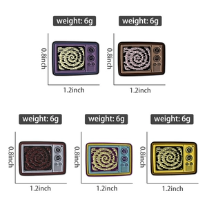 Detail of retro TV enamel pins showing 1.2 inch dimensions and 6g weight specifications