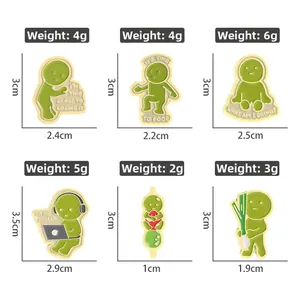 Detailed view of creative green cartoon enamel pins with sizes and weight specifications