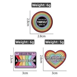 Detailed size chart for rainbow enamel pins in heart, round, and rectangle shapes