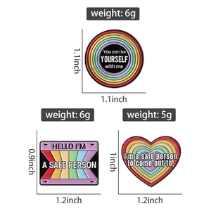 Detailed dimensions for rainbow enamel pins in round, heart, and rectangle shapes