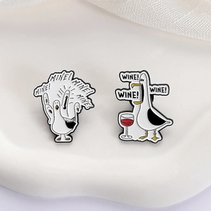 Funny cartoon seagull enamel pins featuring Mine and Wine slogans in creative design