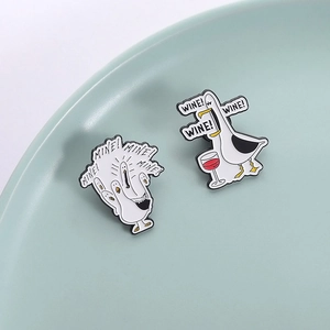 Funny cartoon seagull enamel pins set featuring 'MINE' and 'WINE' text on ceramic plate