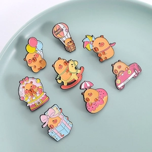 Set of 8 cute capybara enamel pins with colorful hot air balloon and donut designs
