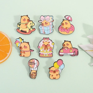 Set of 8 cute Capybara enamel pins for backpacks featuring bright cartoon designs