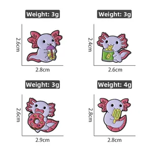 Detailed size and weight view of four cute pink axolotl enamel pins in a grid layout