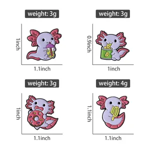 Detailed size chart for axolotl enamel pins featuring dimensions and weights in inches