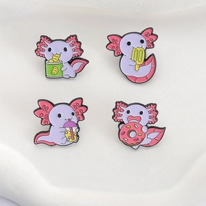 Set of four cute pink and purple axolotl enamel pins with snacks and bubble tea