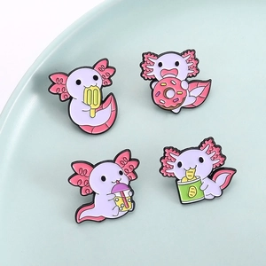 Set of four cute pink axolotl enamel pins featuring cartoon salamanders eating snacks