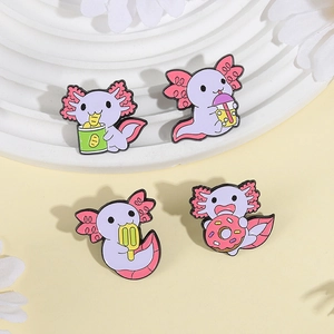Set of four cute pink axolotl enamel pins enjoying snacks like bubble tea and donuts