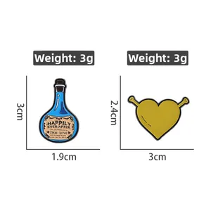 Detailed view of enamel pins showing size specifications for blue potion and heart designs