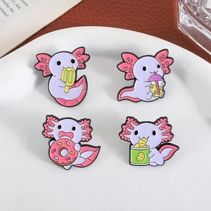 Set of four cute pink axolotl enamel pins featuring snacks and bubble tea for backpacks