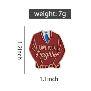 Detail showing dimensions of red sweater enamel pin with Love Your Neighbor quote
