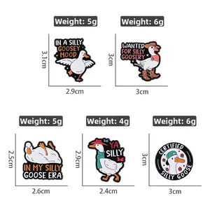 Detailed dimensions and weight specifications for five assorted silly goose enamel pins
