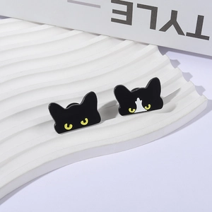 Peeking black cat enamel pins set with yellow eyes on minimalist white background