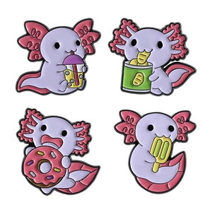 Set of four cute purple axolotl enamel pins featuring boba tea and snack designs