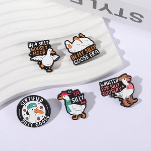 Set of 5 funny white goose enamel pins with humorous English slogans on white background