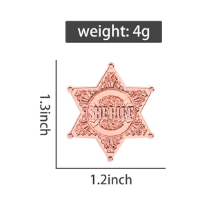 Detail view of rose gold sheriff star badge showing 1.3-inch dimensions and 4g weight