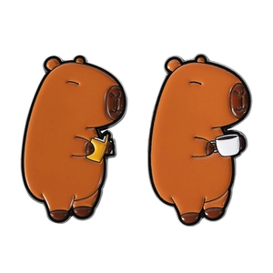 Cute Capybara enamel pin set with cartoon animal designs holding a book and coffee cup