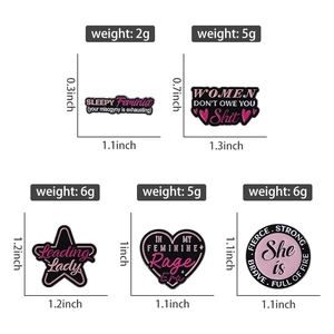 Detailed size chart showing dimensions and weight of various pink enamel letter brooches