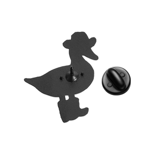 Detailed back view of a cowboy duck enamel pin with black rubber clutch and metal post