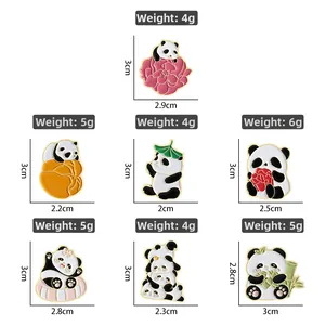 Detailed size specifications for seven cute cartoon panda enamel lapel pins with weights