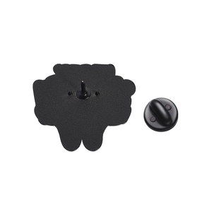 Detail view of the black metal enamel pin back with secure rubber butterfly clutch