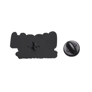 Detailed back view of a metal enamel pin featuring dual positioning pins and rubber clutch
