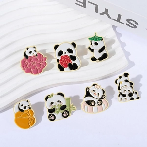 Set of 7 cute panda enamel pins featuring bamboo, lotus leaves and flowers for clothing