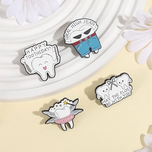 Set of four cute dental enamel pins with funny tooth characters and dental puns