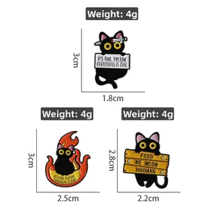 Detailed size and weight specs for three black cat enamel pins with fire and sword themes