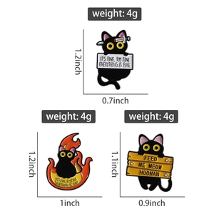 Detailed size and weight specs for black cat enamel pin set with funny memes