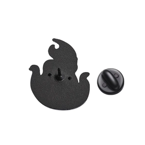 Detailed back view of black enamel cat brooch with rubber clutch and textured metal finish