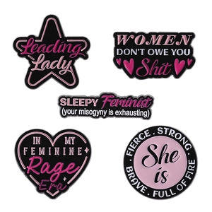 5pcs set of feminist enamel pins with pink and black hearts stars and empowerment slogans