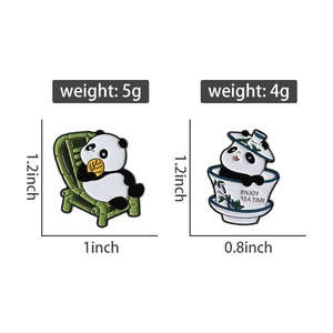 Detailed view of two cute panda enamel pins with dimensions and weight information