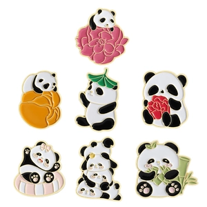 Set of seven cute cartoon panda enamel pins featuring various bamboo and flower poses