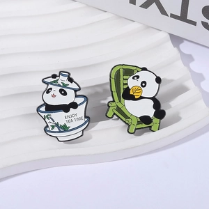 Chinese panda enamel pin set with bamboo chair and tea cup badges for clothing