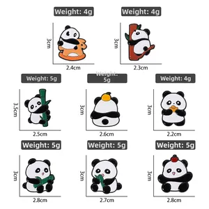 Detailed size chart of cute cartoon panda enamel pins featuring various creative poses