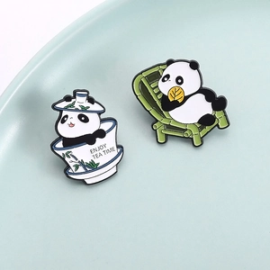 Cute panda enamel pins set with tea cup and bamboo chair designs in creative oriental style