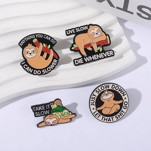 Funny sloth enamel pin set with cartoon animal designs and humorous slow life quotes