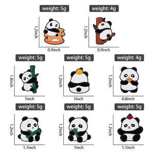 Size chart showing weight and inch dimensions for eight unique panda enamel pins