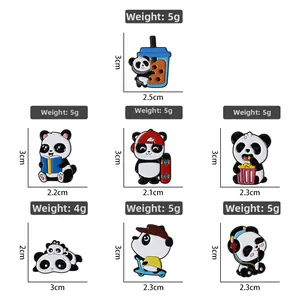 Detailed size chart for seven different cartoon panda enamel pins with dimensions and weights