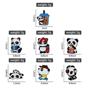 Detailed size chart for seven cute cartoon panda enamel pins made of zinc alloy