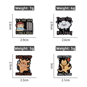 Detailed view of four funny enamel pins featuring cat, dog, and cloud characters with weight specs