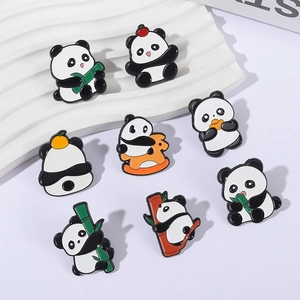 Set of eight creative panda enamel pins featuring various cute poses in durable alloy