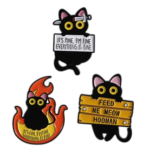 Funny black cat enamel pin set with flame and knife designs for clothes and bags