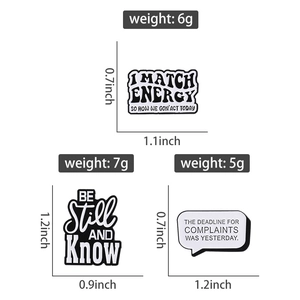 Detailed size and weight specs for minimalist black and white enamel pins with quotes