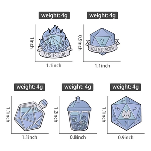 Detail view of five blue D20 dice enamel pins showing weight 4g and size dimensions